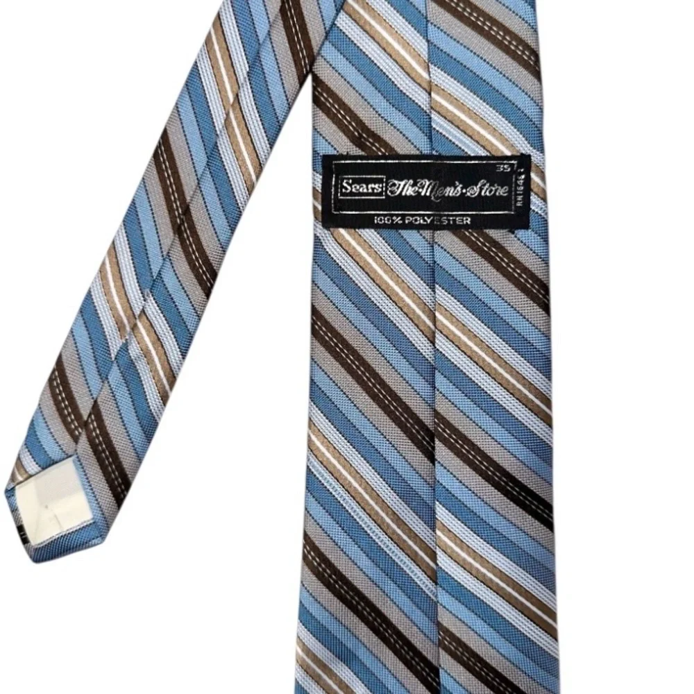 Vtg 60s SEARS Tie The Men’s Store Blue & Brown Striped Polyester MCM 57x3” USA